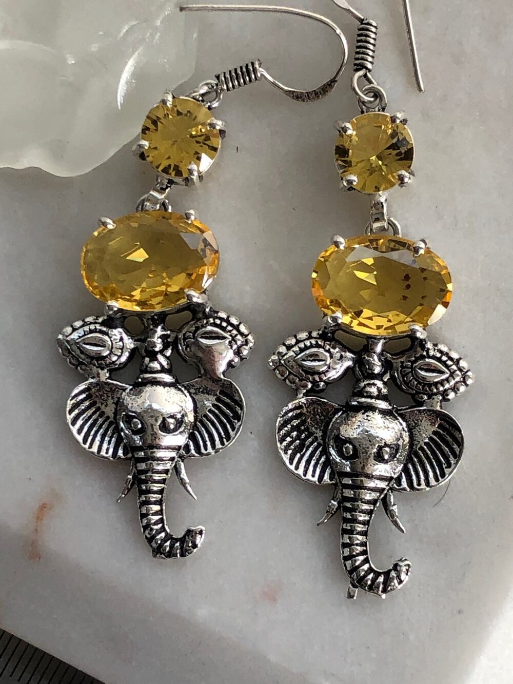925 Sterling Citrine Dangle  Elephant Earrings